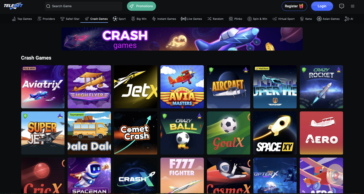 The crash-games category on TeleBet: Aviatrix, JetX, Spaceman, CrashX and F777 Fighter under a neon header