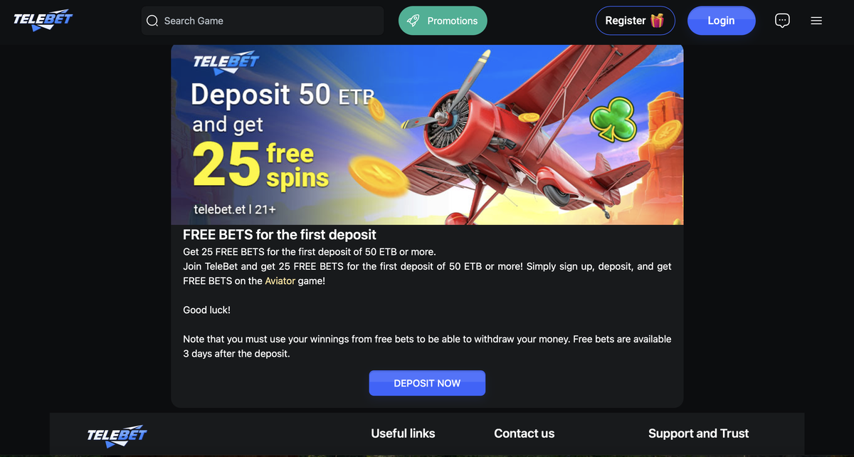 The first-deposit offer as the operator states it: deposit 50 ETB, receive 25 free spins on Aviator, valid for three days