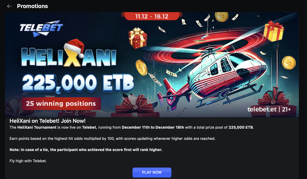 The HeliXani tournament: a 225,000 ETB prize pool across 25 paid places, scored by odds