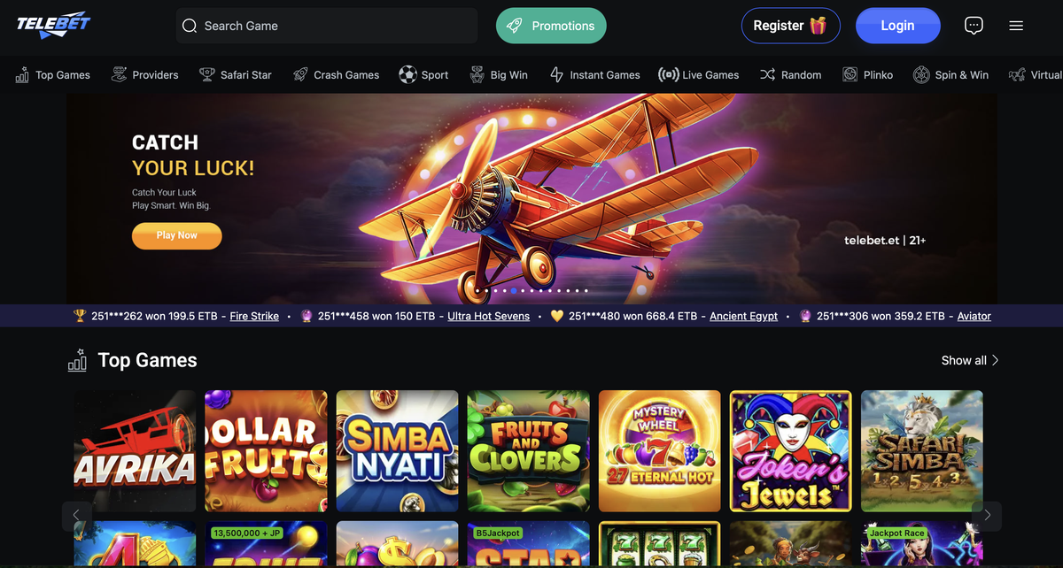 የ TeleBet መነሻ ገጽ፦ «CATCH YOUR LUCK» ባነር፣ የአሸናፊዎች ቀጥታ ሰሌዳ እና የTop Games ካሩሴል