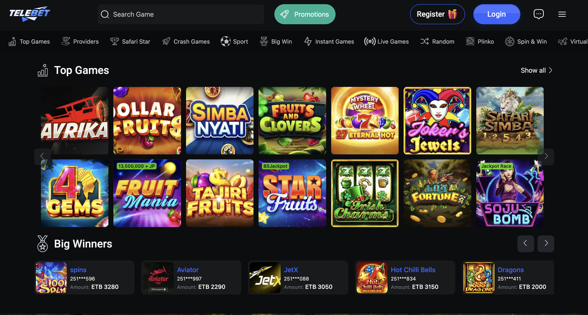 TeleBet games and slots lobby
